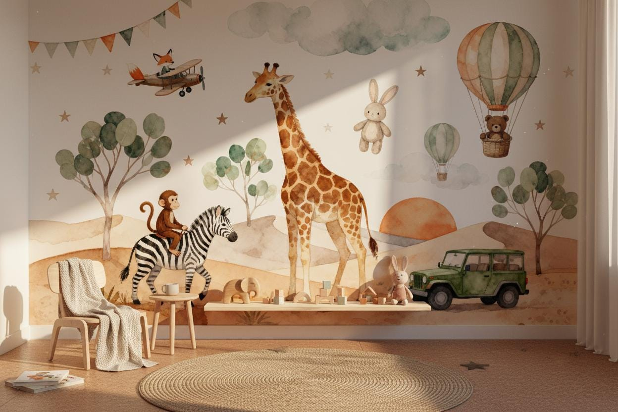 Baby Nursery Peel And Stick Wallpaper - Kreskówkowa fototapeta ze zwierzętami do pokoju